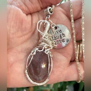 Purple Amethyst gemstone wirewrapped pendant necklace with live laugh love charm